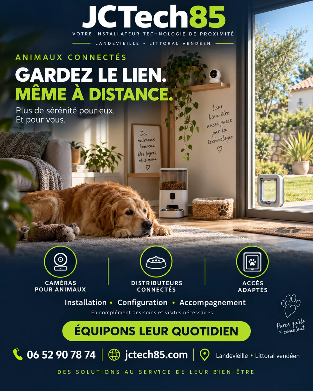 Équipements connectés pour animaux — visuel marketing JCTech85